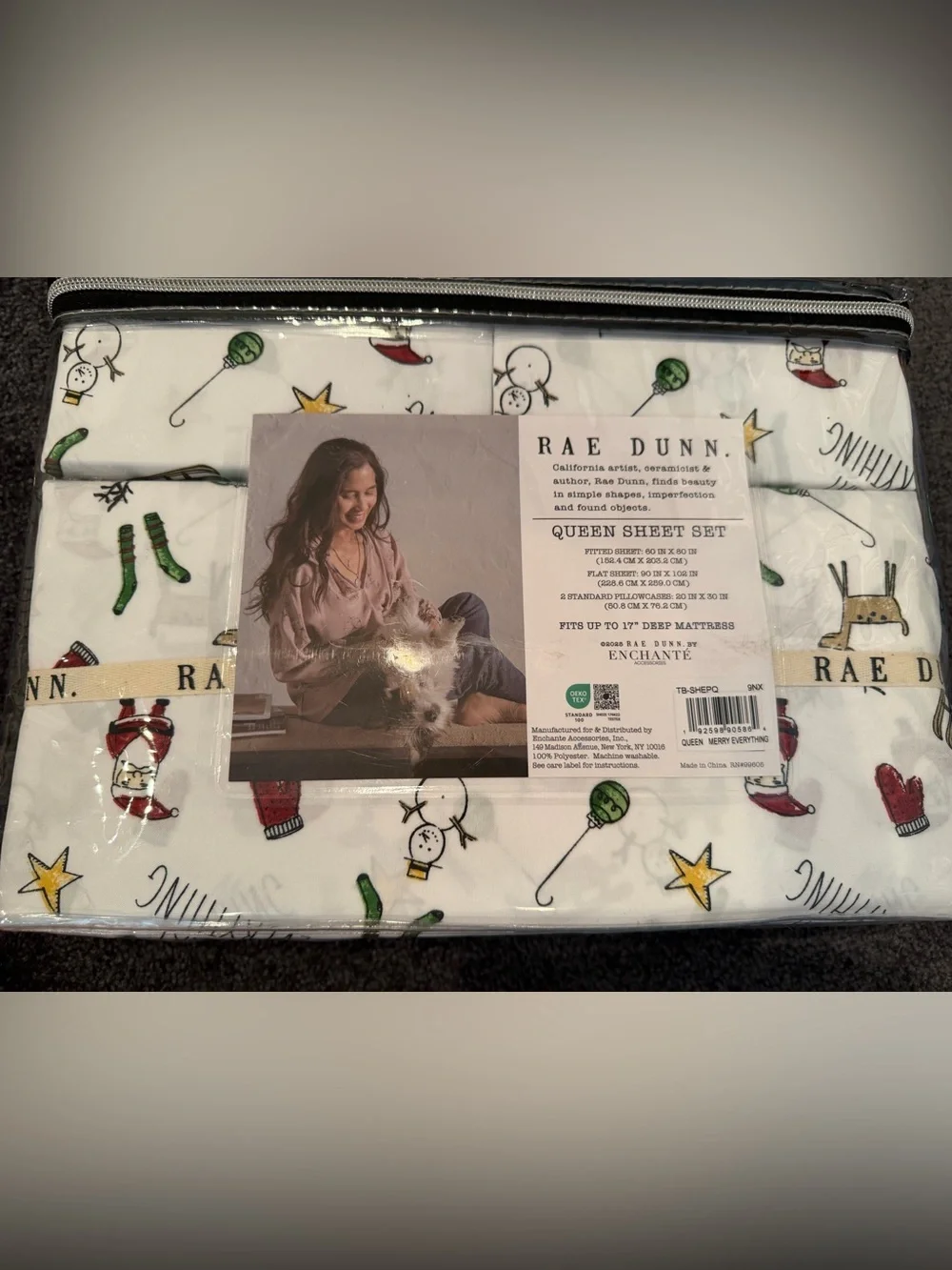 Rae Dunn Merry Everything Queen Sheet Set Christmas Santa Reindeer NWT